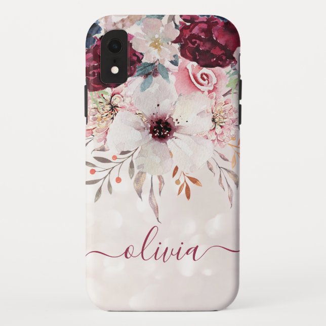 Blush rose Bourgogne Floral iPhone XR Coque (Dos)