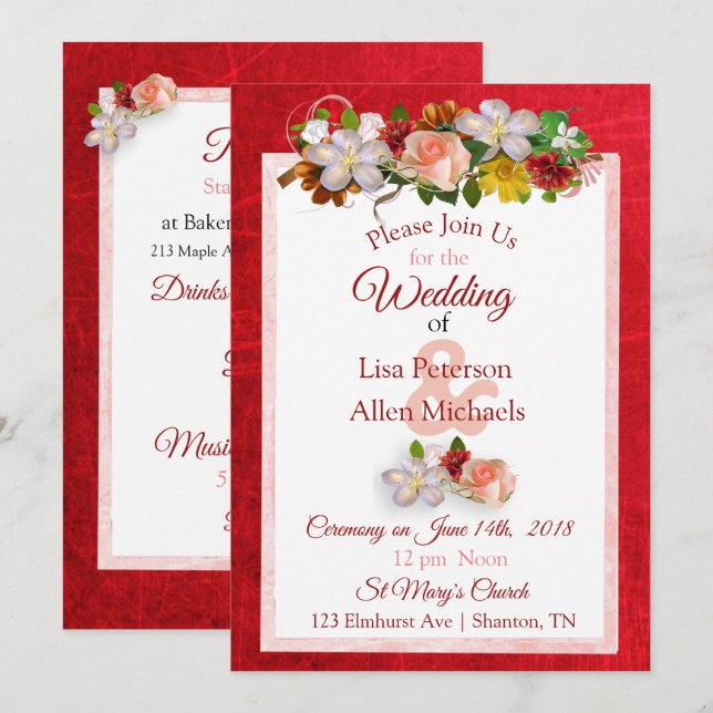Blush Rose Deep Red Floral Wedding Invitation (Front/Back)