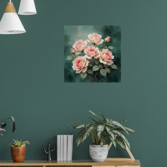 Blush Rose Elegance on Deep Jade Poster (Living Room 1)