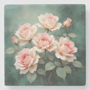 Blush Rose Elegance on Deep Jade Stone Coaster