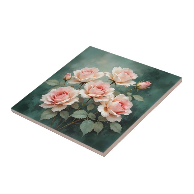 Blush Rose Elegance on Deep Jade Tile (Side)