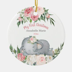 Blush Rose Elephant Baby's 1st First Christmas Ceramic Ornament