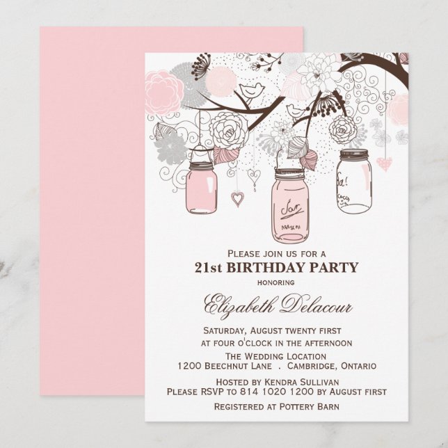 Blush rose et gris Mason jarres Invitation Anniver (Devant / Derrière)