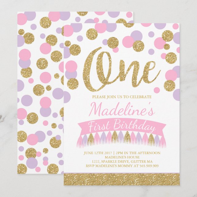 Blush rose et or 1er anniversaire Invitation (Devant / Derrière)