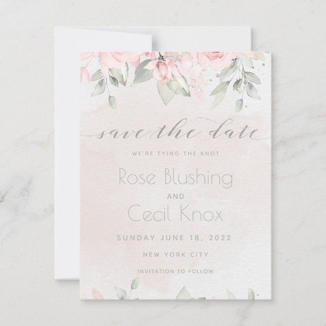 Blush Rose Eucalyptus Greenery Save The Date Card (Front)