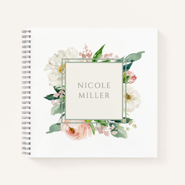 Blush Rose Feminine Watercolor Floral with Name Notebook (Front)
