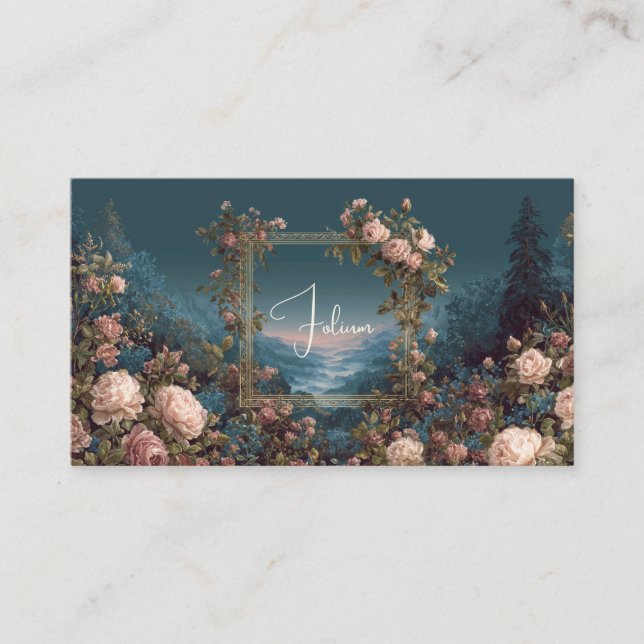 Blush Rose Floral and Misty Valley Gold Frame Business Card (Front)