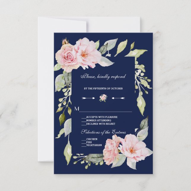 Blush rose Floral Bloom Marine Blue Wedding RSVP (Devant)