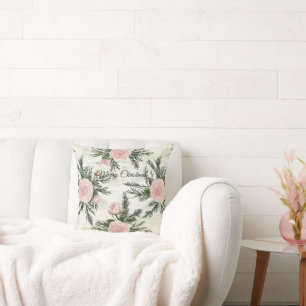 Blush Rose Floral Christmas Throw Pillow