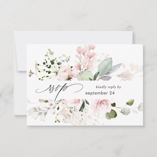 Blush rose Floral & Eucalyptus w Repas Carte RSVP  (Devant)