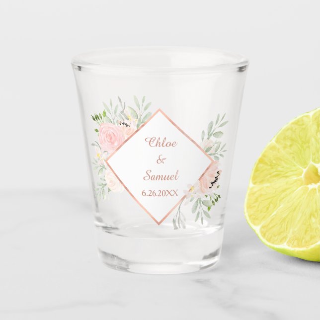 Blush Rose Floral Frame Wedding Shot Glass (Front)