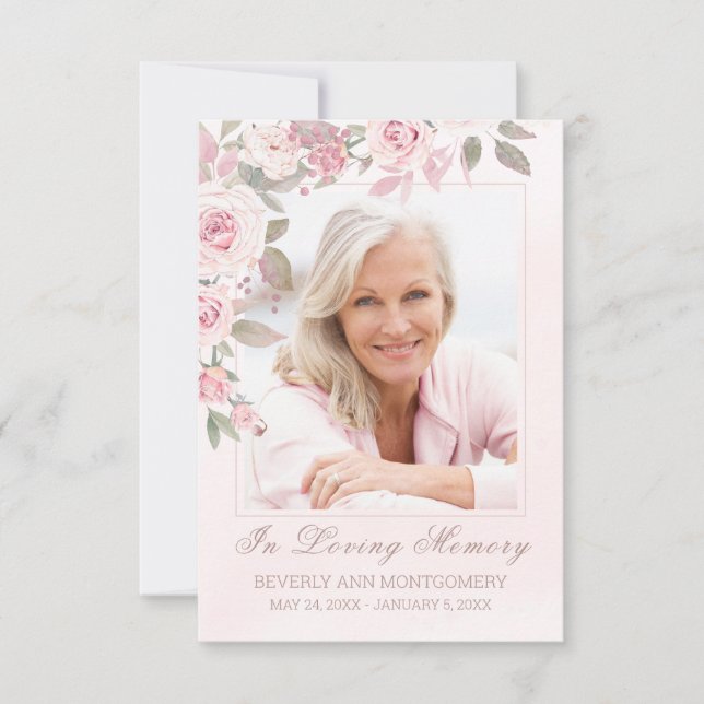 Blush Rose Floral Photo Funeral Memorial Card (Front)