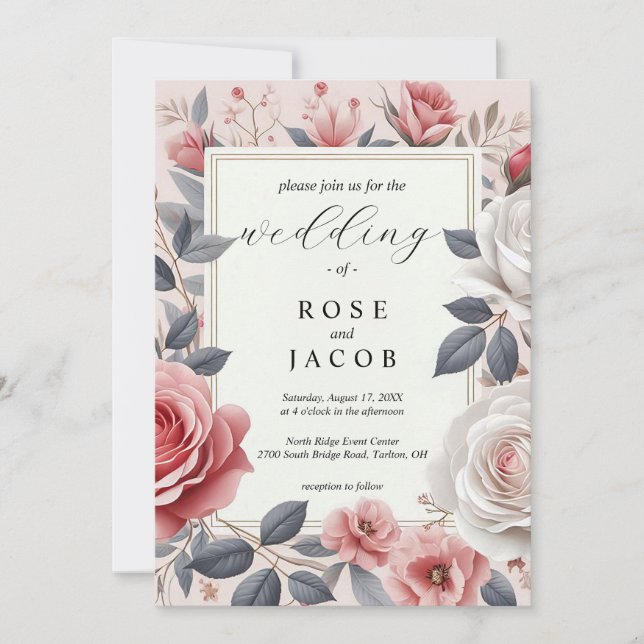 Blush Rose Floral Wedding Invitation (Front)