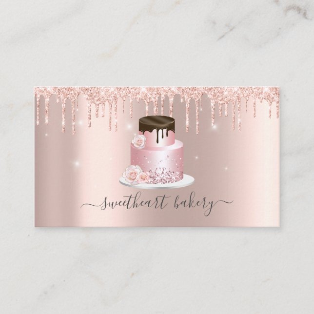 Blush Rose Glitter Drip Foil Cake Bakery Shop Business Card (Front)