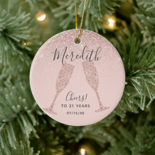 Blush Rose Gold 21st Birthday with Date of Birth Ceramic Ornament