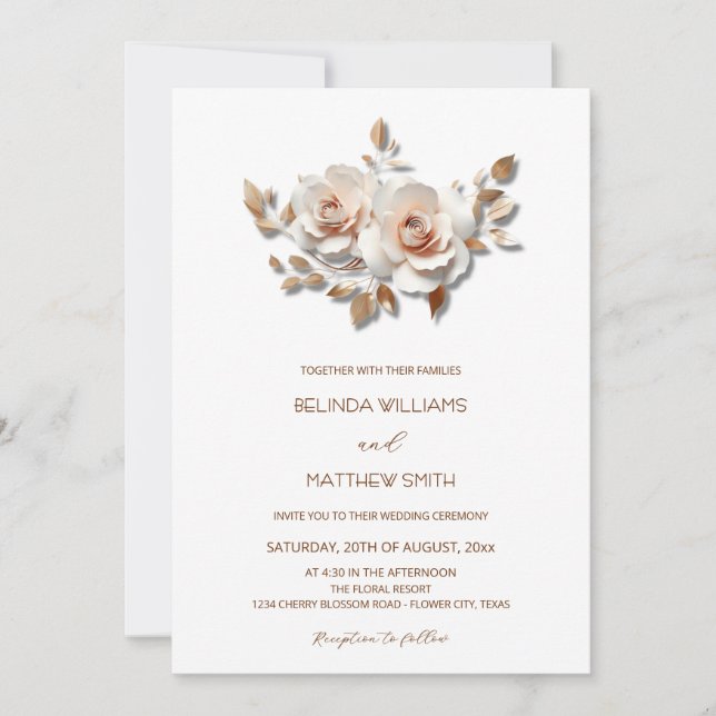 Blush  Rose Gold 3D Flowers Simple Invitation (Front)