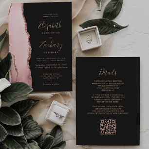 Blush Rose Gold Agate Dark QR Code Wedding Invitation
