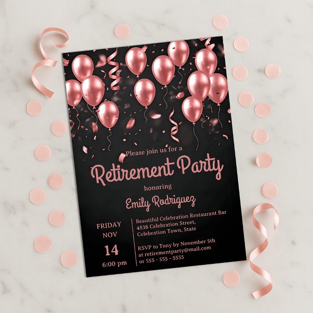 Blush Rose Gold Balloons Confetti Retirement Party Invitation (Creator Uploaded)