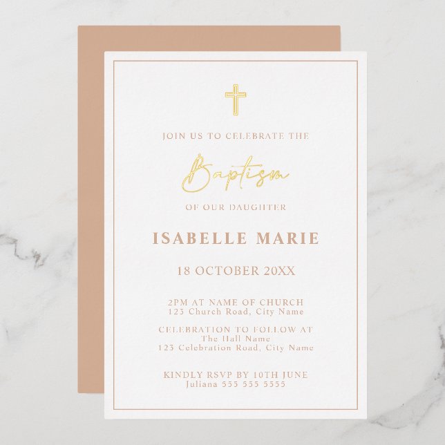 Blush rose & Gold Boy Baptême Foil Invitation (Recto/Verso)