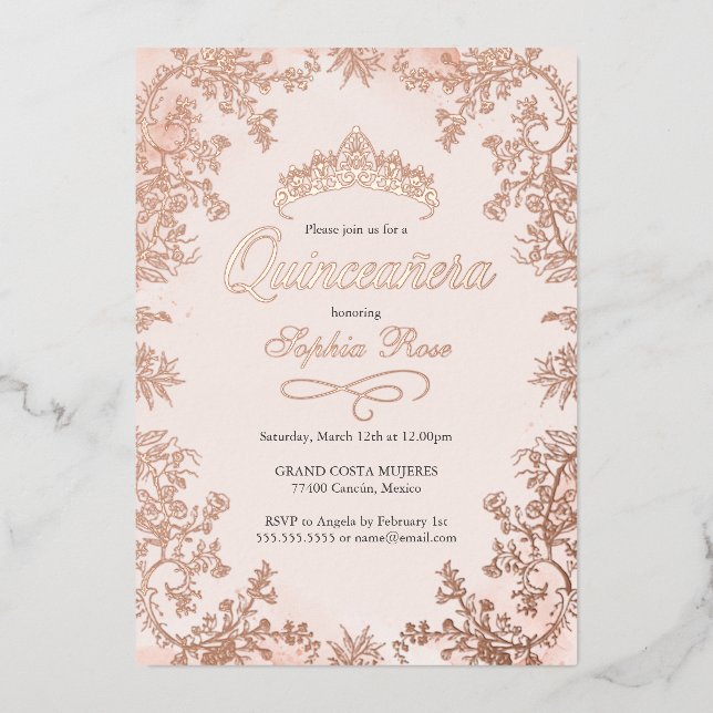 Blush Rose Gold Crown Floral Quinceanera  (Front)