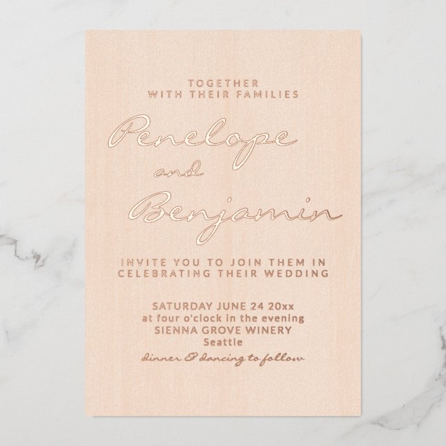 Blush Rose Gold Cursive Script Wedding Elegant (Front)
