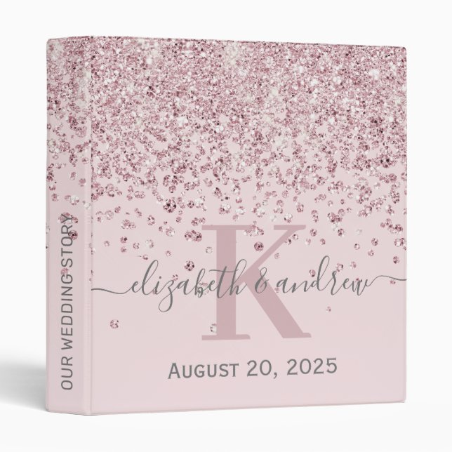 Blush Rose Gold Diamond Glitter Monogram Wedding Binder (Front/Spine)