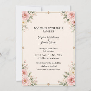 Blush Rose Gold Floral Border Wedding Invitation