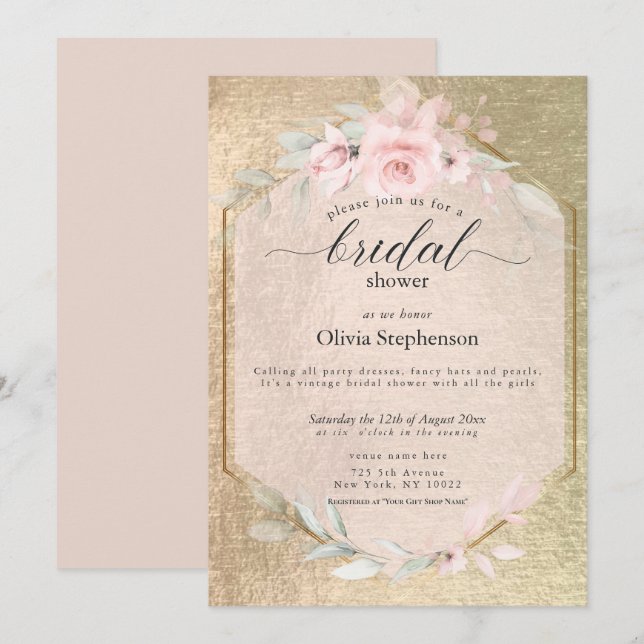 Blush Rose Gold Floral Bridal Shower  Invitation (Front/Back)