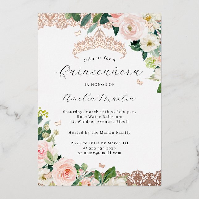 Blush Rose Gold Floral Lace Quinceanera   (Front)