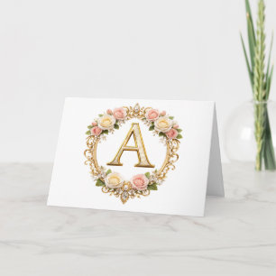 Blush Rose Gold Floral Monogram Letter A Wedding Thank You Card