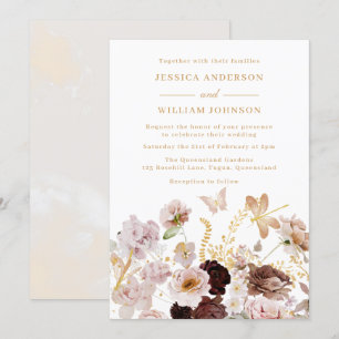 Blush & Rose Gold Floral Peony Butterflies Wedding Invitation