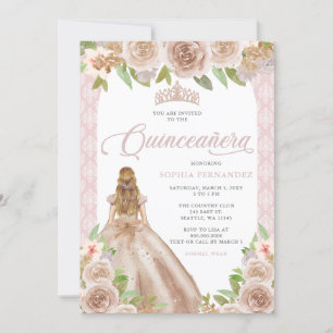 Blush Rose Gold Floral Princess Tiara Quinceañera Invitation