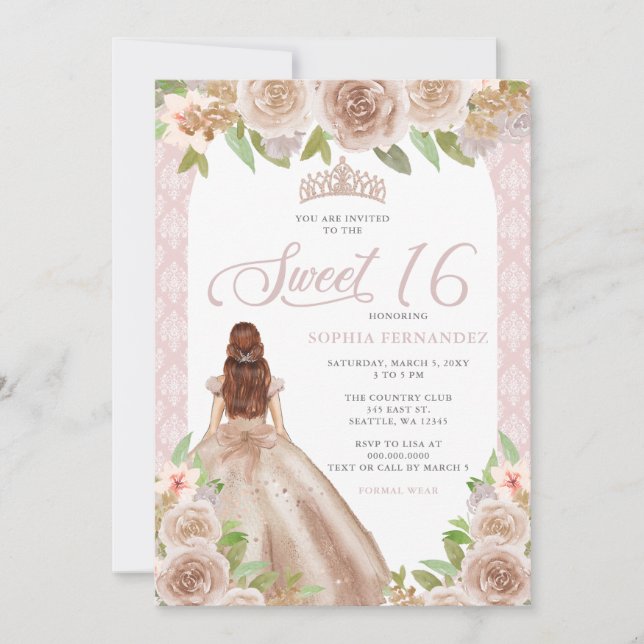Blush Rose Gold Floral Princess Tiara Sweet 16 Invitation (Front)