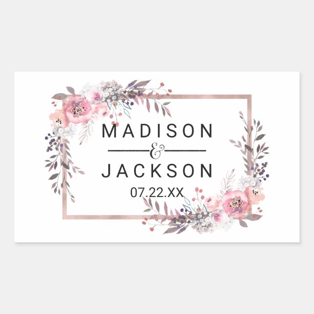Blush & Rose Gold Framed Floral Wedding Monogram Sticker (Front)