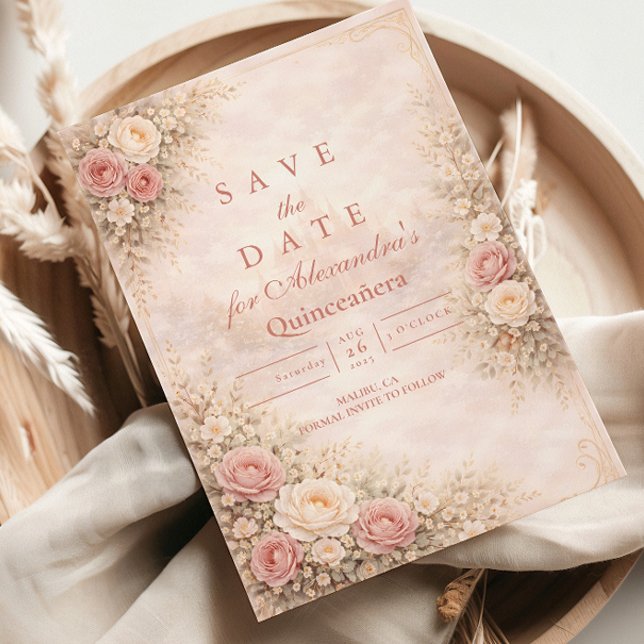 Blush Rose Gold Garden Quinceañera Save The Date (Creator Uploaded)