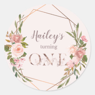 Blush & Rose Gold Girl turning ONE Classic Round Sticker