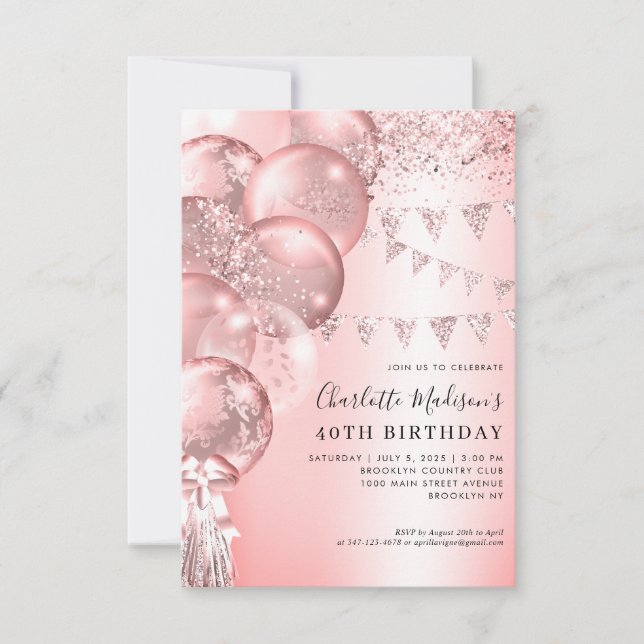 Blush Rose Gold Glitter Balloon Any Age Birthday Card (Front)