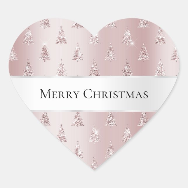 Blush Rose Gold Glitter Christmas Trees Heart Sticker (Front)