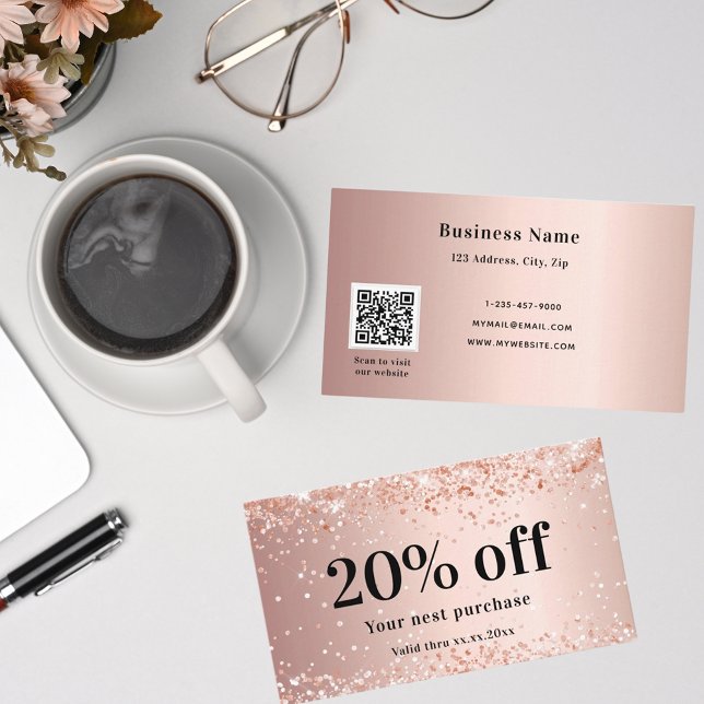Blush rose gold glitter dust qr code business discount card (Creator Uploaded)