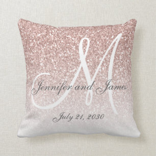 Blush Rose Gold Glitter Monogram Wedding Keepsake Throw Pillow