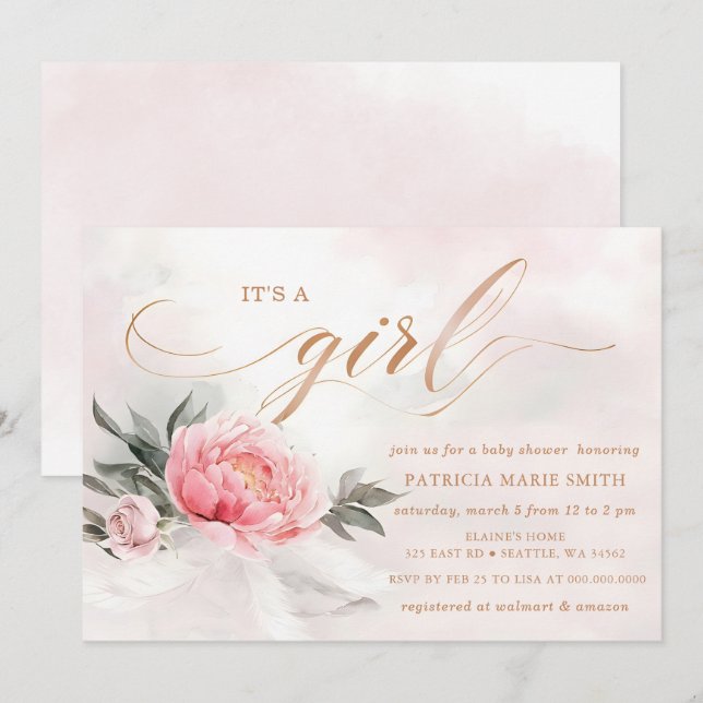 Blush Rose Gold Its a Girl Floral Baby Shower Invitation (Front/Back)