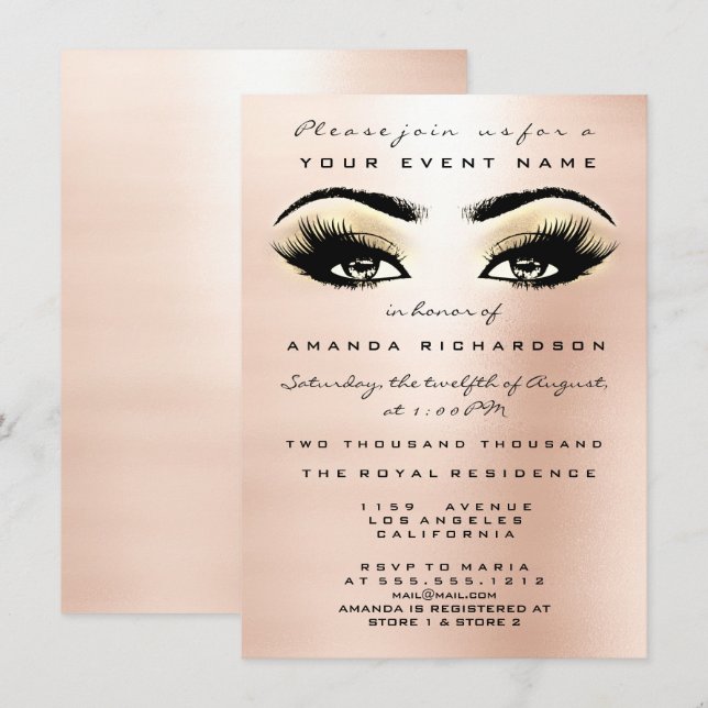 Blush Rose Gold Makeup Glitter Eye 16th Bridal Invitation (Front/Back)