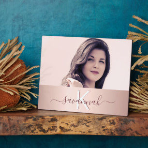 Blush rose gold monogram name photo plaque