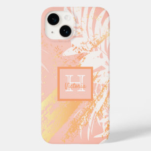 Blush rose gold palm tree leaves monogram Case-Mate iPhone 14 case