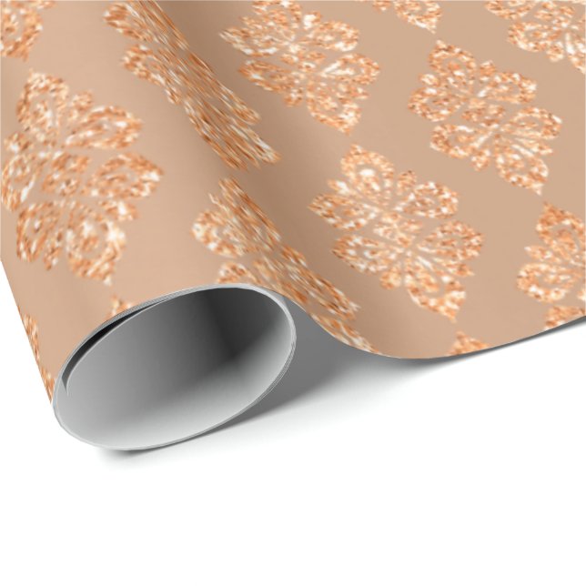 Blush Rose Gold Peach Copper Floral Damask Wrapping Paper (Roll Corner)