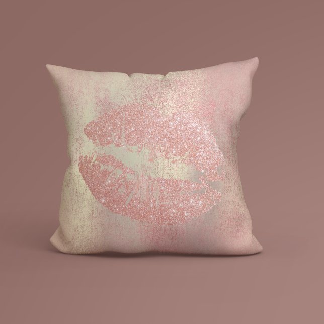 Blush Rose Gold Pink Glitter Kiss Lips Makeup Throw Pillow (Creator Uploaded)