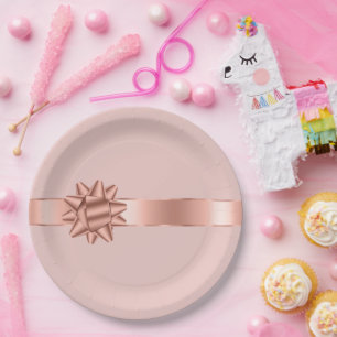 Blush Rose Gold Ribbon Bow Birthday Paper Plate
