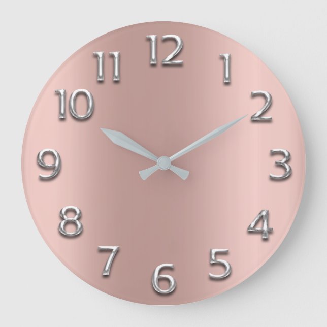Blush Rose Gold Silver Grey Metallic Arabic Number Large Clock (Front)