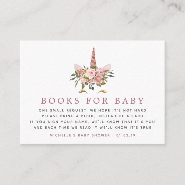 Blush & Rose Gold Unicorn Baby Shower Book Request Enclosure Card (Front)