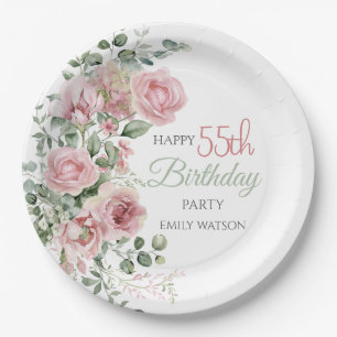 Blush Rose Greenery Eucalypt 55th Birthday Paper Plate